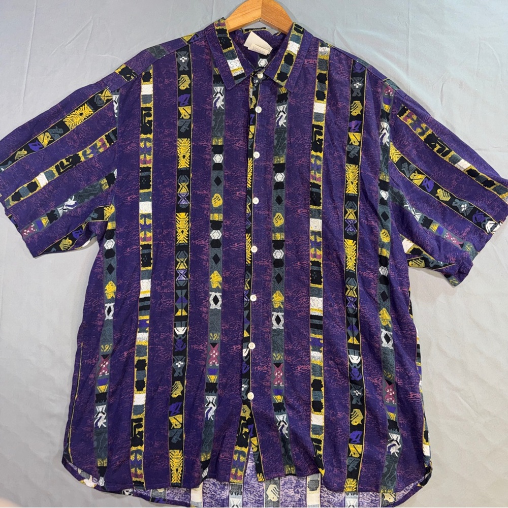 Vintage Spot Sport Shirt Mens Large Purple Abstract Button Front Made USA 90s